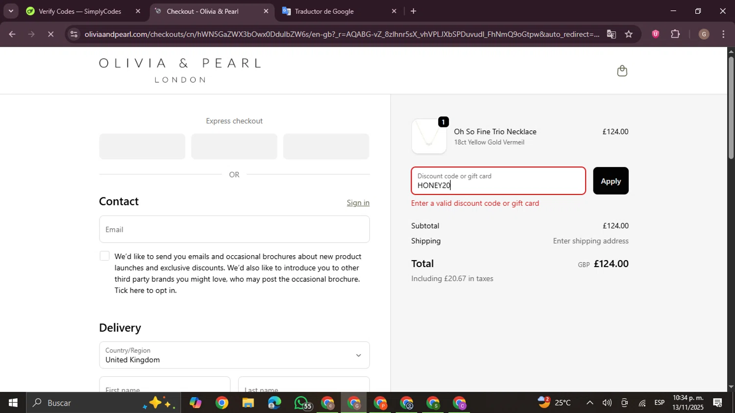 Olivia & Pearl promo code screenshot showing code HONEY20 applied at Olivia & Pearl checkout page. Uploaded by SimplyCodes community member BrilliantTracker4207 on Nov 14, 2025