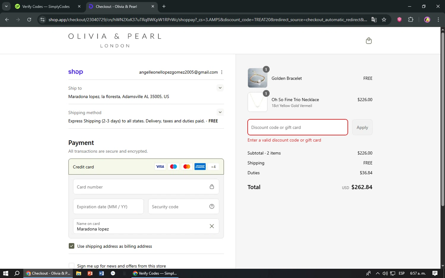 Olivia & Pearl promo code screenshot showing code TREAT20 applied at Olivia & Pearl checkout page. Uploaded by SimplyCodes community member TreasureShopper9156 on Sep 3, 2025