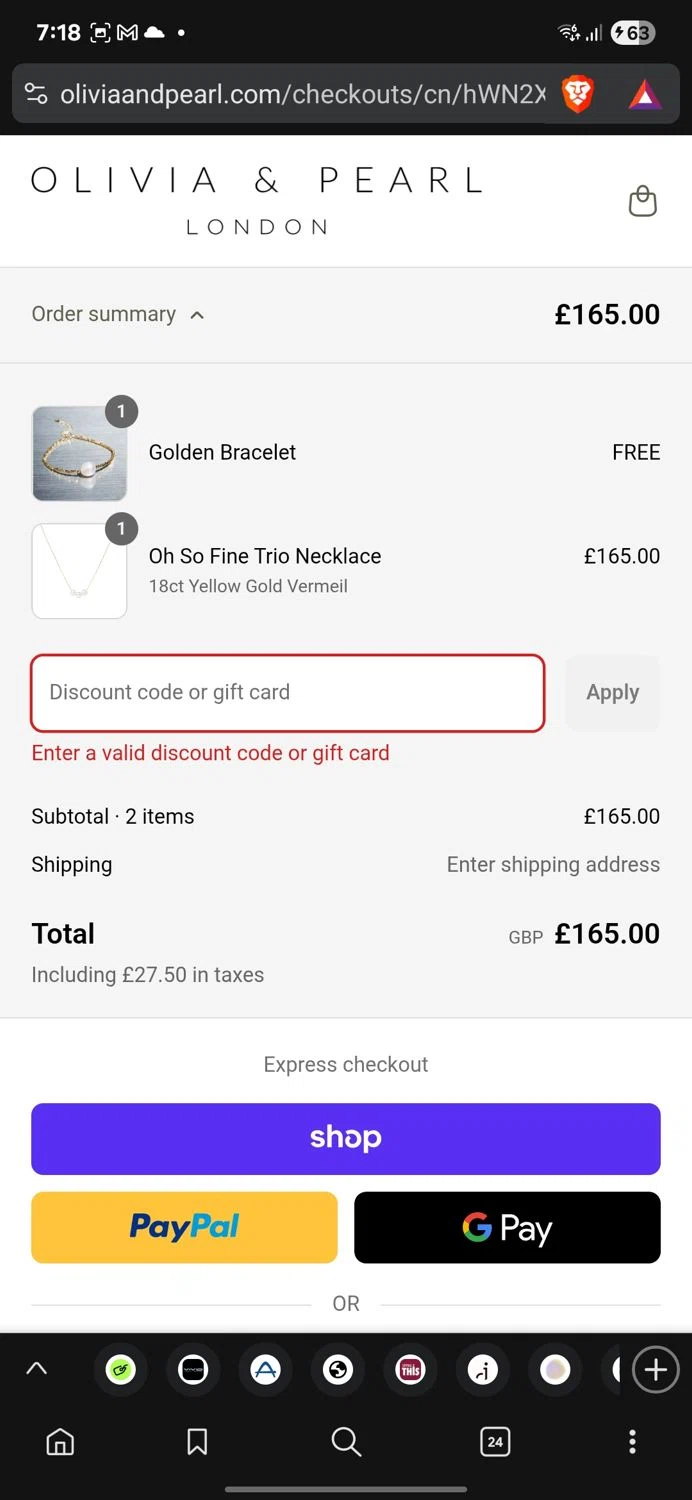 Olivia & Pearl promo code screenshot showing code TREAT20US applied at Olivia & Pearl checkout page. Uploaded by SimplyCodes community member conorgrey on Sep 3, 2025