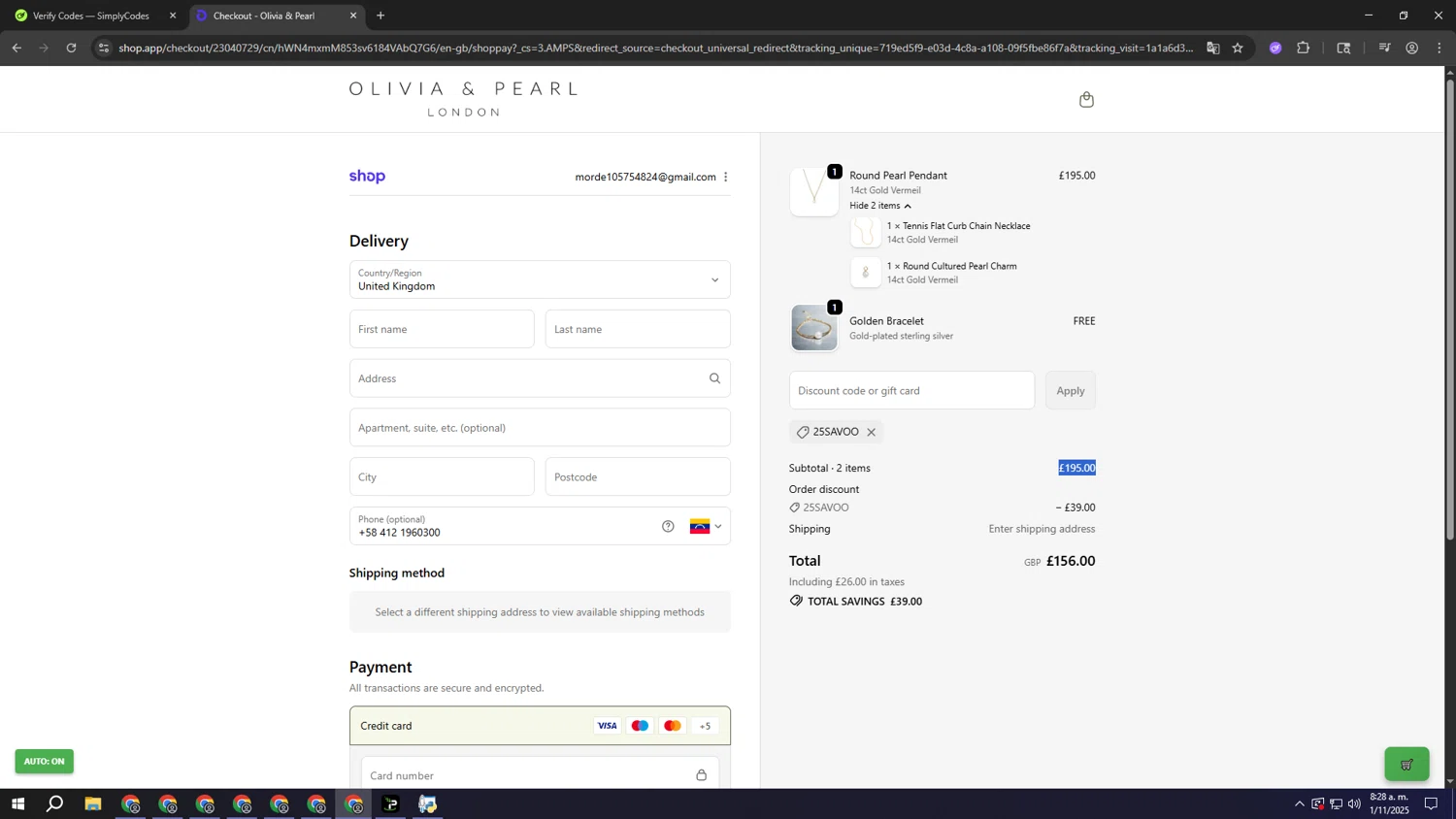 Olivia & Pearl checkout page showing Olivia & Pearl promo code box | Screenshot taken by SimplyCodes community member on Nov 1, 2025