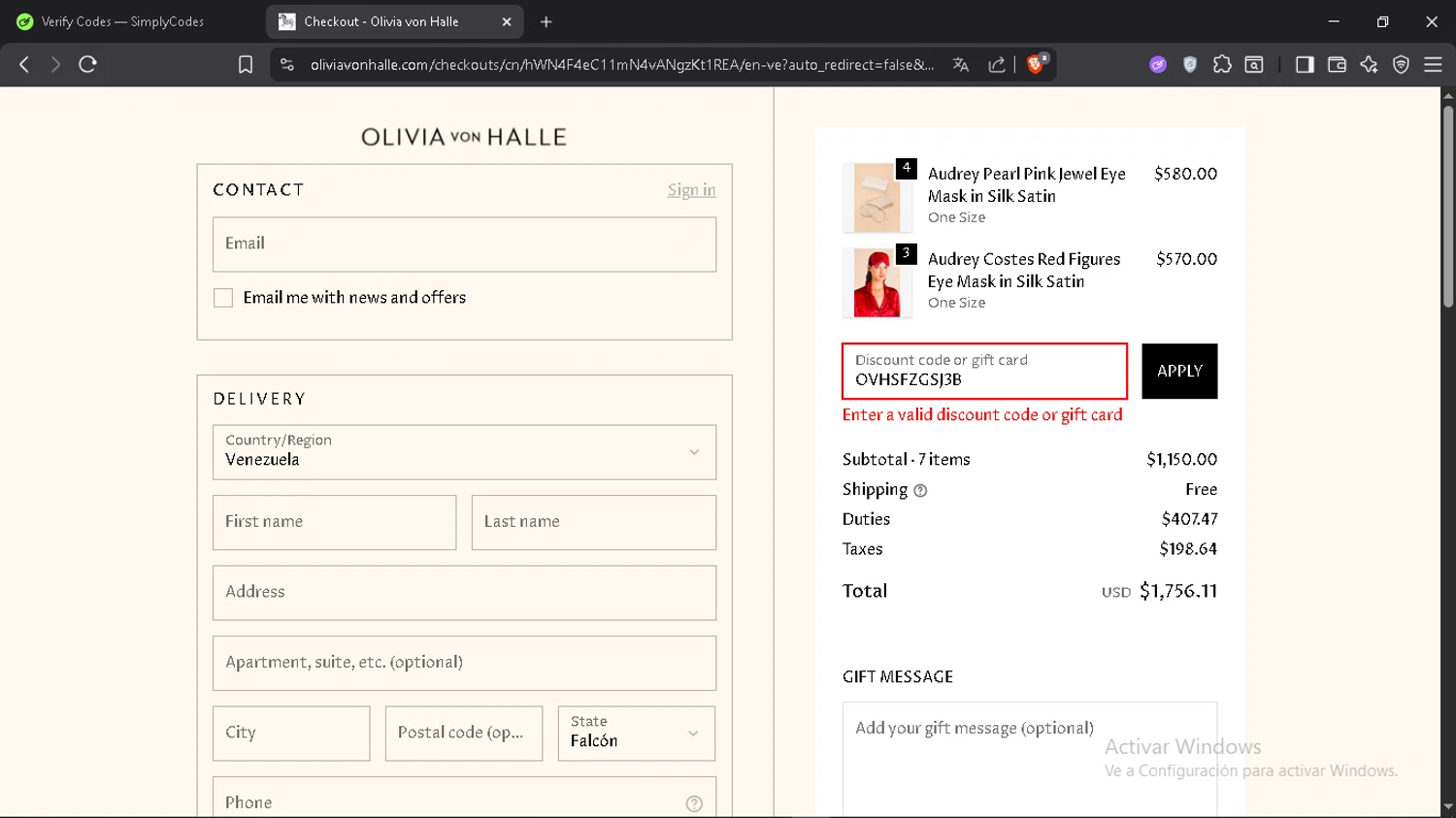 Olivia Von Halle promo code screenshot showing code OVHSFZGSJ3B applied at Olivia Von Halle checkout page. Uploaded by SimplyCodes community member Arambulet on Oct 18, 2025