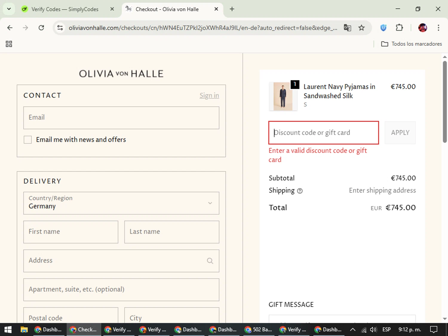 Olivia Von Halle promo code screenshot showing code OVHSFZGSJ3B applied at Olivia Von Halle checkout page. Uploaded by SimplyCodes community member SavingsEagle5772 on Oct 18, 2025