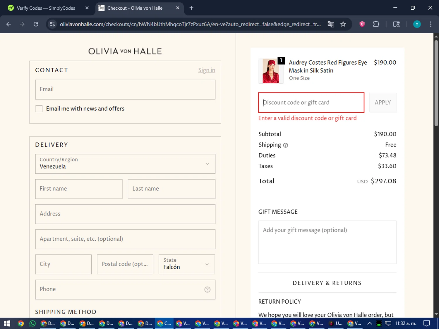 Olivia Von Halle promo code screenshot showing code NEW10 applied at Olivia Von Halle checkout page. Uploaded by SimplyCodes community member RoyalEagle4794 on Oct 27, 2025