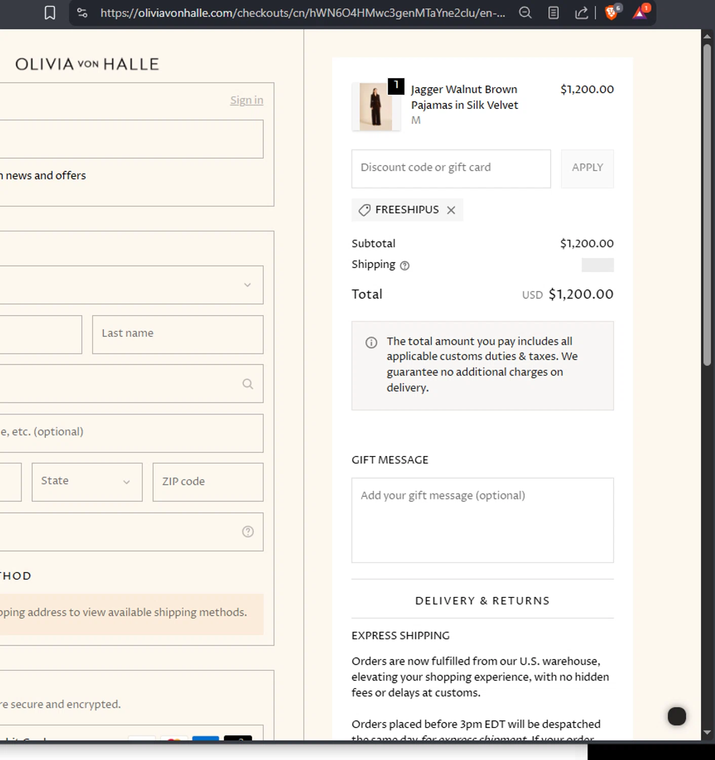 Olivia Von Halle promo code screenshot showing code FREESHIPUS applied at Olivia Von Halle checkout page. Uploaded by SimplyCodes community member Jmhernand1 on Dec 13, 2025