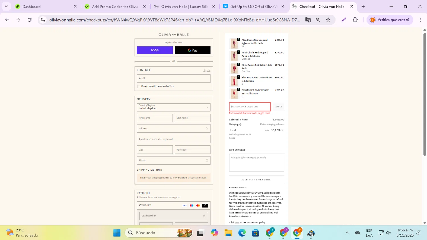 Olivia Von Halle promo code screenshot showing code NEW10 applied at Olivia Von Halle checkout page. Uploaded by SimplyCodes community member jesusalvarez1 on Nov 5, 2025