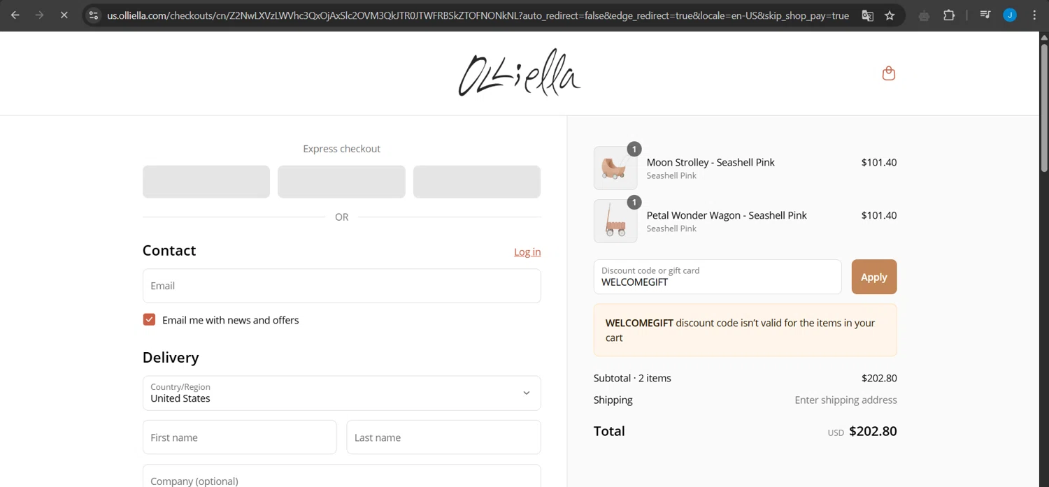 Olli Ella discount code screenshot showing code WELCOMEGIFT applied at Olli Ella checkout page. Uploaded by SimplyCodes community member Jeanjc on May 26, 2025