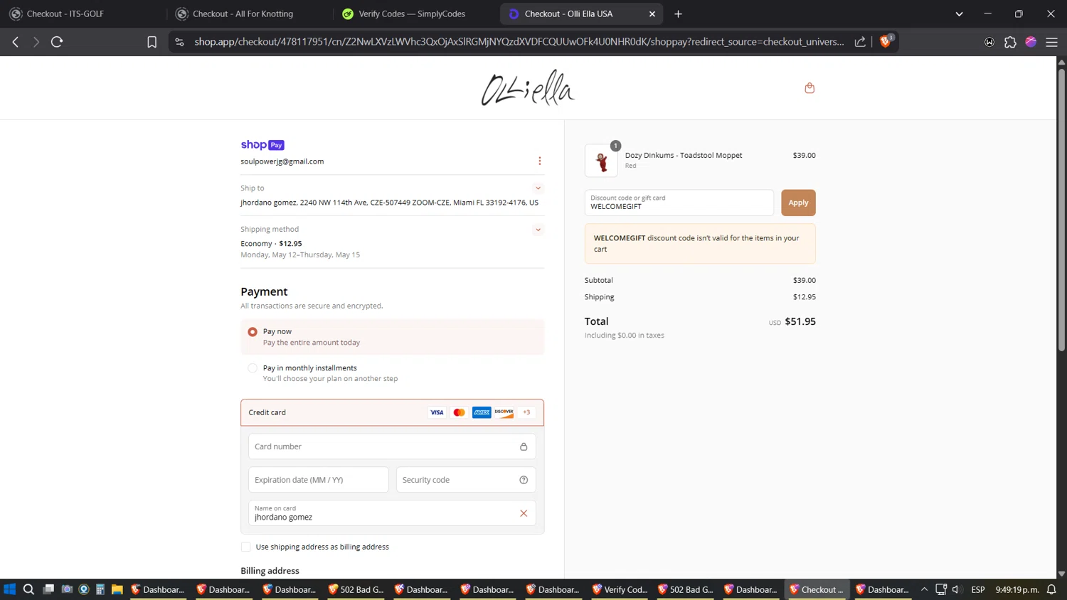 Olli Ella discount code screenshot showing code WELCOMEGIFT applied at Olli Ella checkout page. Uploaded by SimplyCodes community member Sesshomaru on May 5, 2025