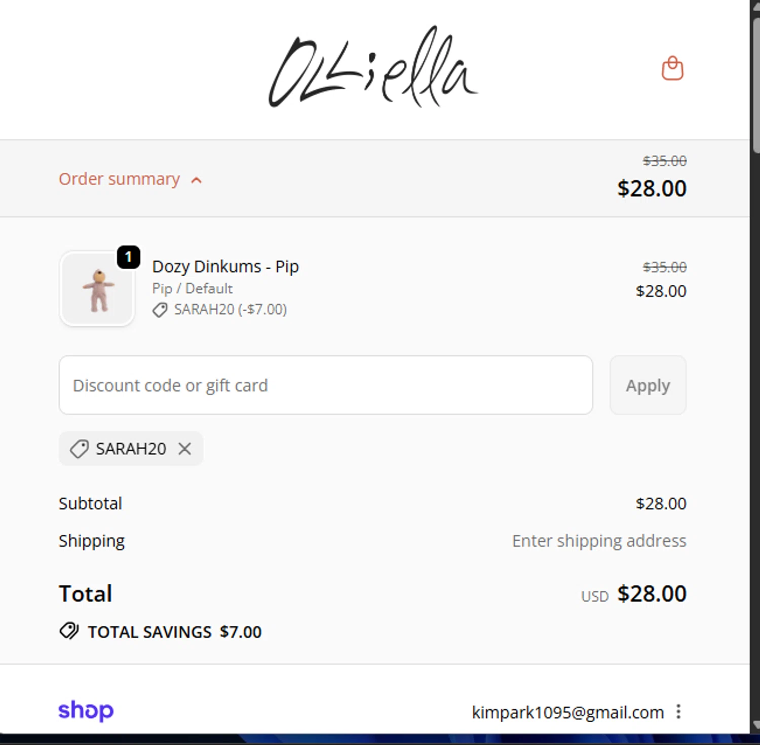 Olli Ella discount code screenshot showing code Sarah20 applied at Olli Ella checkout page. Uploaded by SimplyCodes community member Guacamole_Picante on Sep 29, 2025