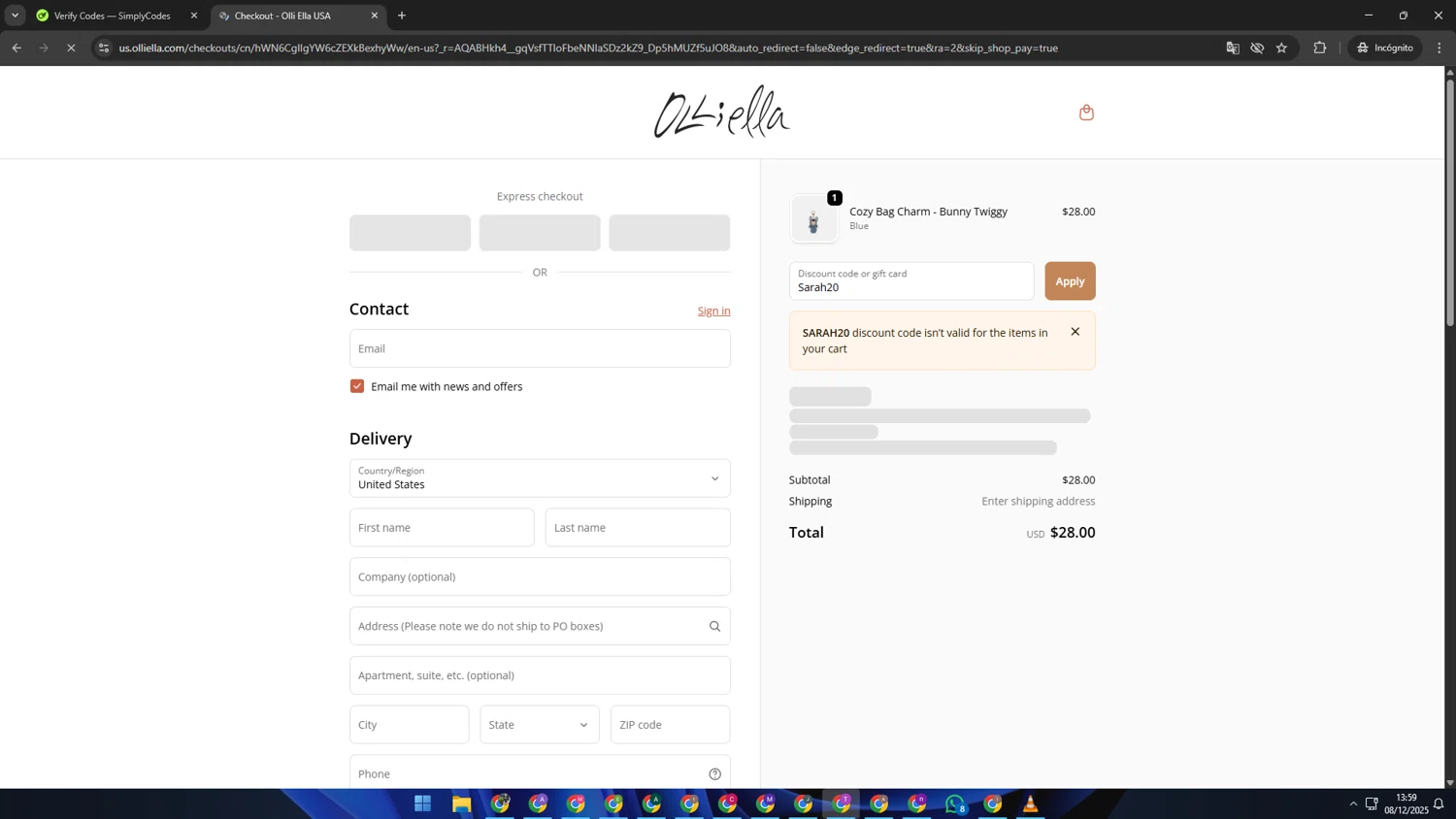 Olli Ella discount code screenshot showing code Sarah20 applied at Olli Ella checkout page. Uploaded by SimplyCodes community member ShrewdSleuth9497 on Dec 8, 2025