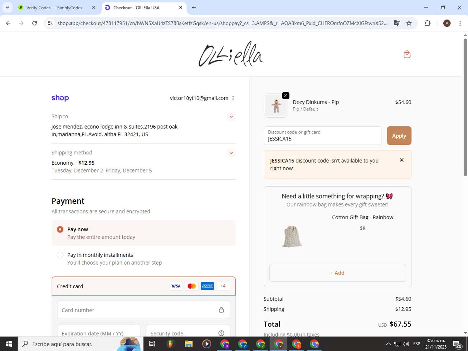 Olli Ella discount code screenshot showing code JESSICA15 applied at Olli Ella checkout page. Uploaded by SimplyCodes community member CashLion3448 on Nov 21, 2025