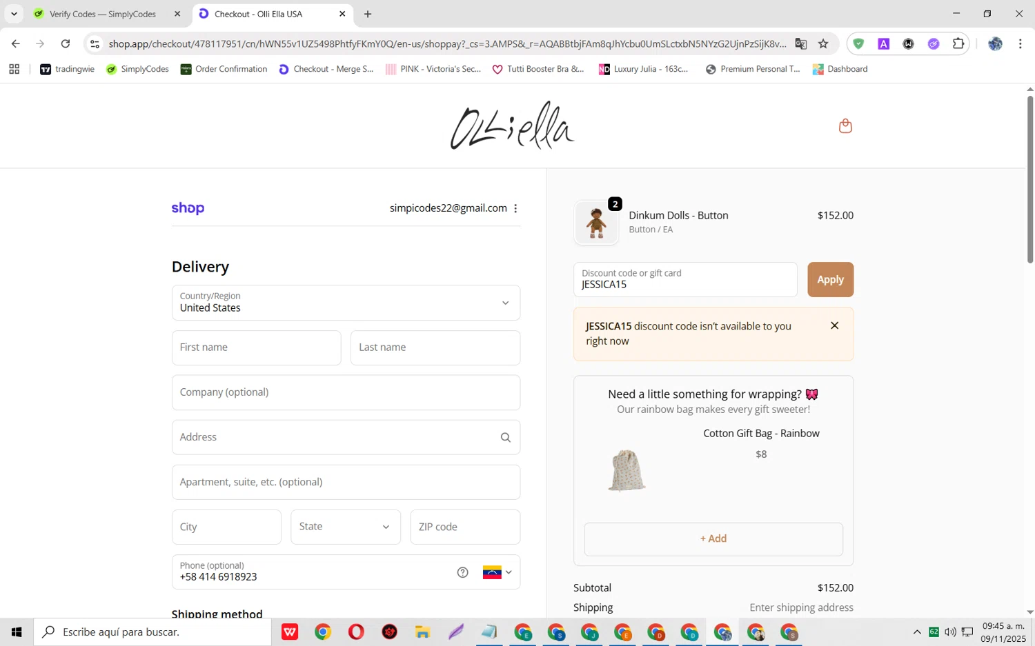 Olli Ella discount code screenshot showing code JESSICA15 applied at Olli Ella checkout page. Uploaded by SimplyCodes community member JoseH45 on Nov 9, 2025