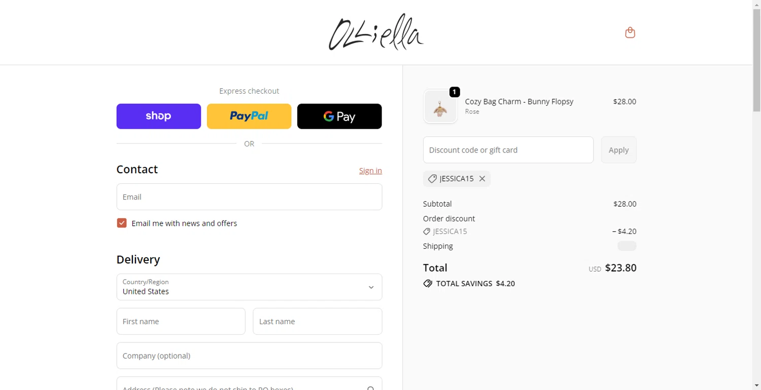 Olli Ella discount code screenshot showing code JESSICA15 applied at Olli Ella checkout page. Uploaded by SimplyCodes community member PennyOwl696 on Dec 9, 2025