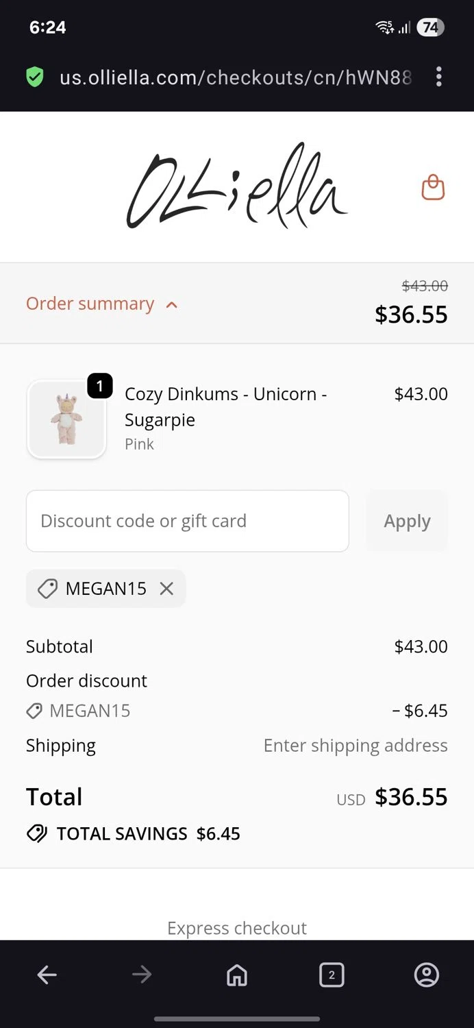 Olli Ella discount code screenshot showing code Megan15 applied at Olli Ella checkout page. Uploaded by SimplyCodes community member BB9542251456527 on Jan 28, 2026