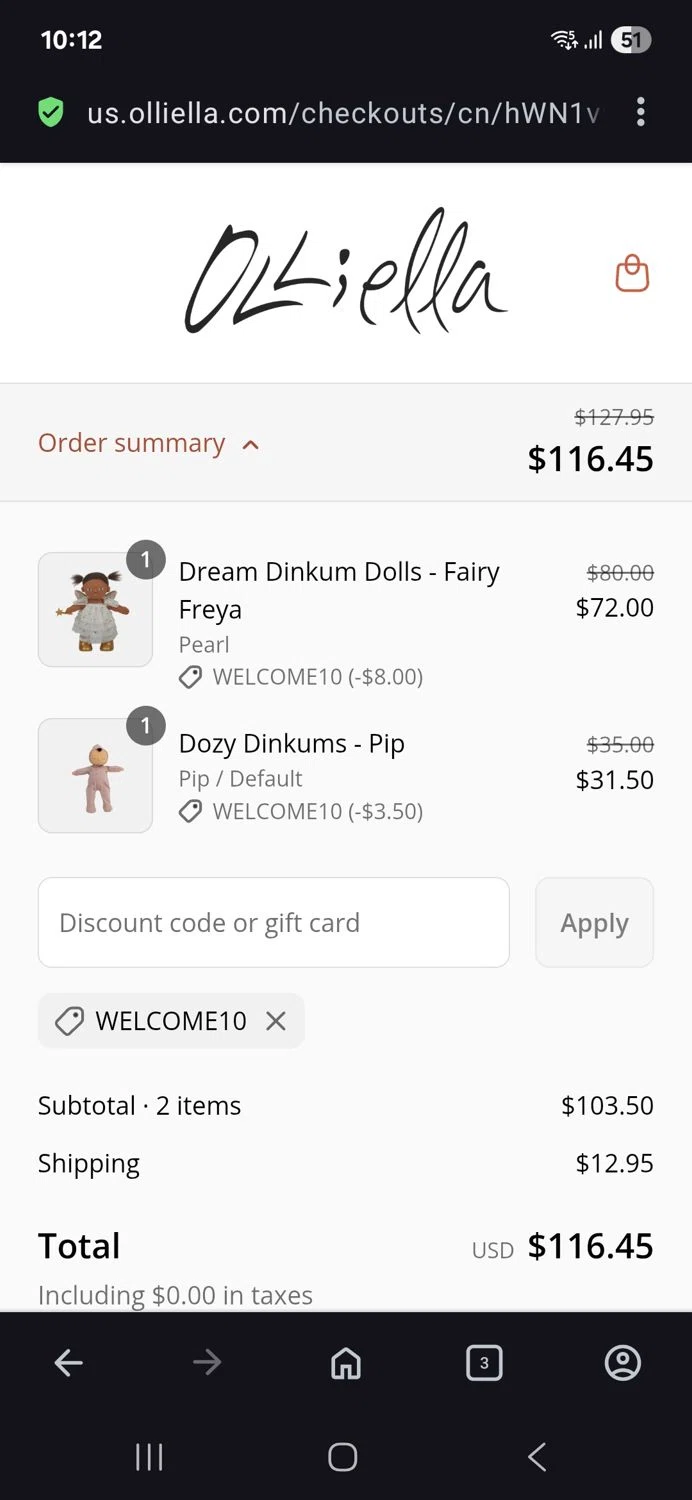 Olli Ella discount code screenshot showing code Welcome10 applied at Olli Ella checkout page. Uploaded by SimplyCodes community member BB9542251456527 on Sep 2, 2025