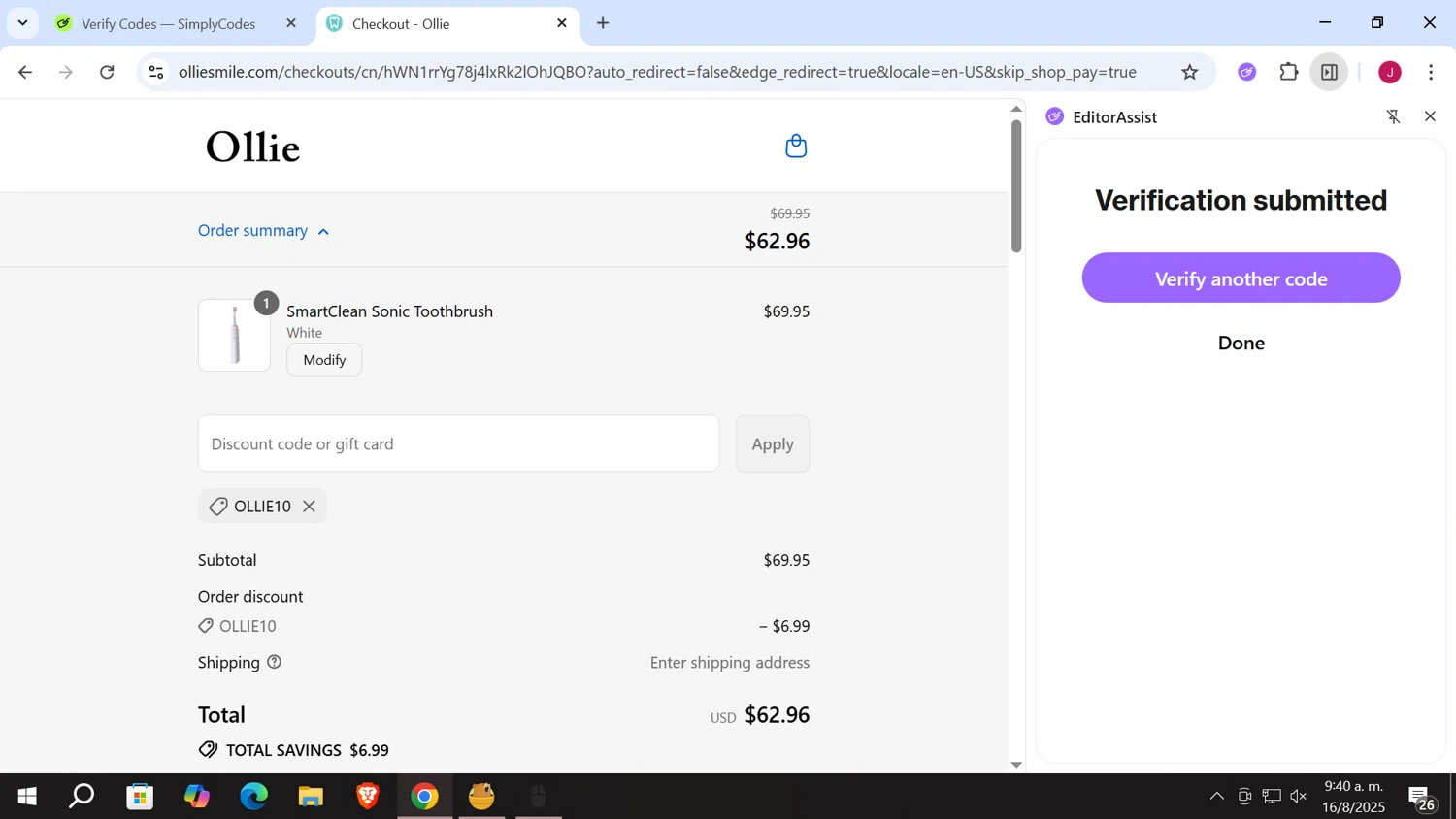 Ollie Smile discount code screenshot showing code OLLIE10 applied at Ollie Smile checkout page. Uploaded by SimplyCodes community member vergil_lains on Aug 16, 2025