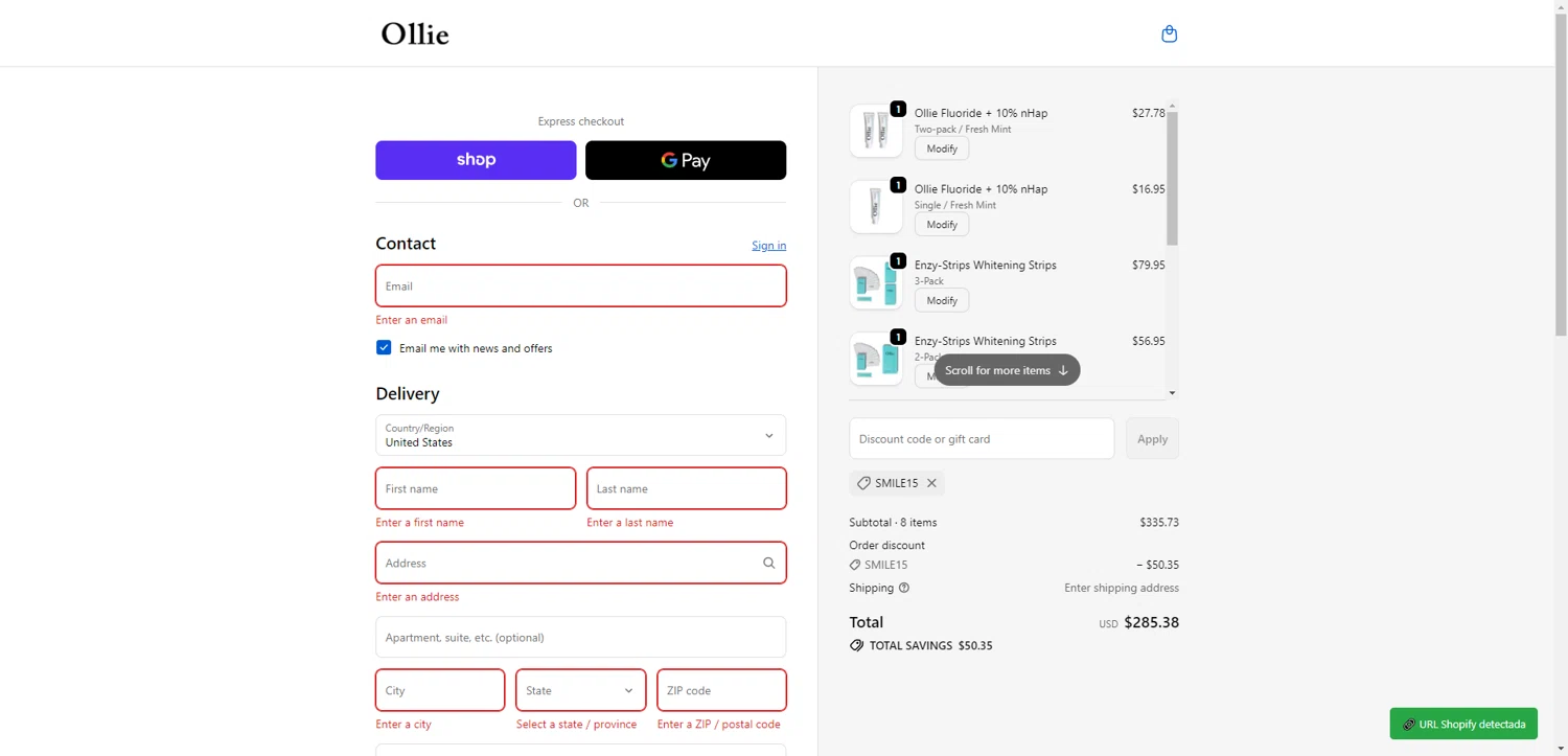 Ollie Smile discount code screenshot showing code smile15 applied at Ollie Smile checkout page. Uploaded by SimplyCodes community member NobleMaestro6498 on Jan 20, 2026