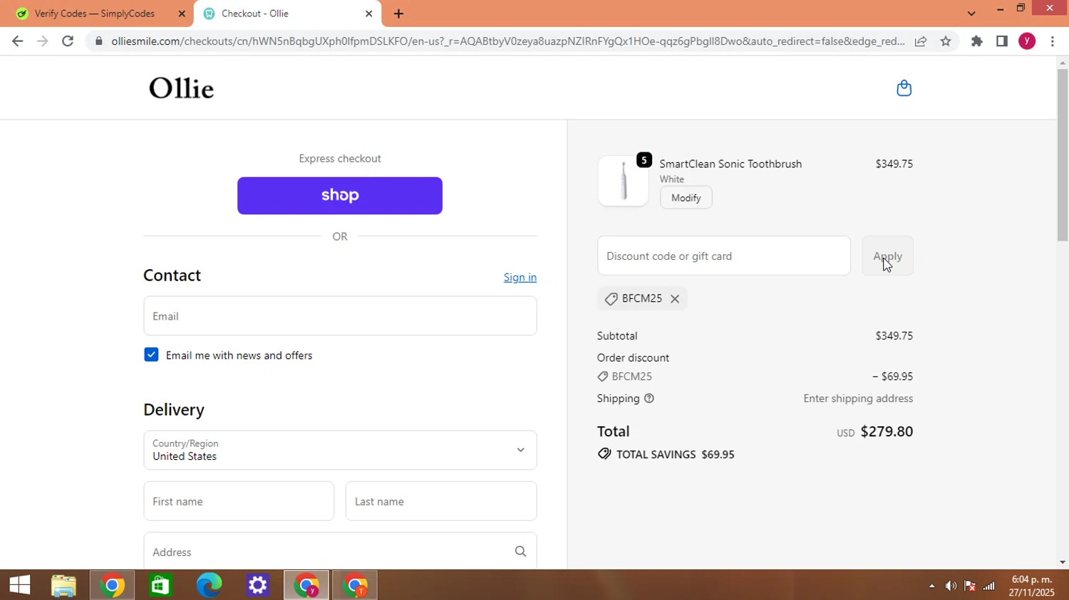 Ollie Smile checkout page showing Ollie Smile discount code box | Screenshot taken by SimplyCodes community member on Nov 27, 2025