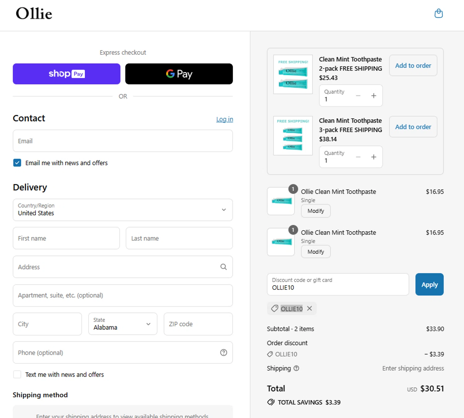 Ollie Smile discount code screenshot showing code OLLIE10 applied at Ollie Smile checkout page. Uploaded by SimplyCodes community member aumentadax10 on Jul 18, 2025