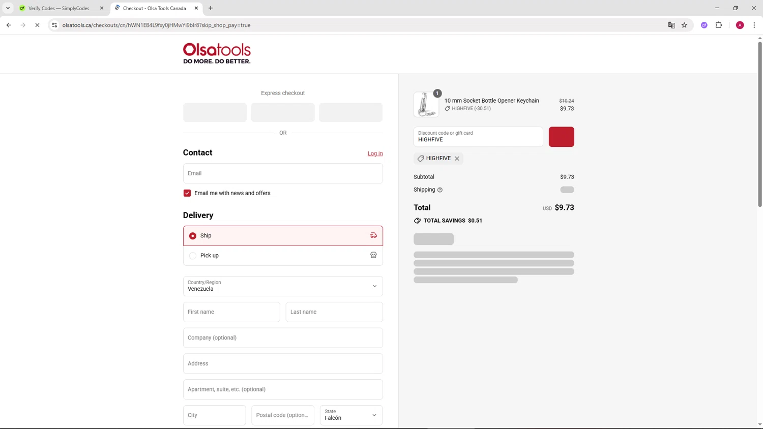 Olsa Tools discount code screenshot showing code HIGHFIVE applied at Olsa Tools checkout page. Uploaded by SimplyCodes community member BMWGS1200 on Jul 30, 2025