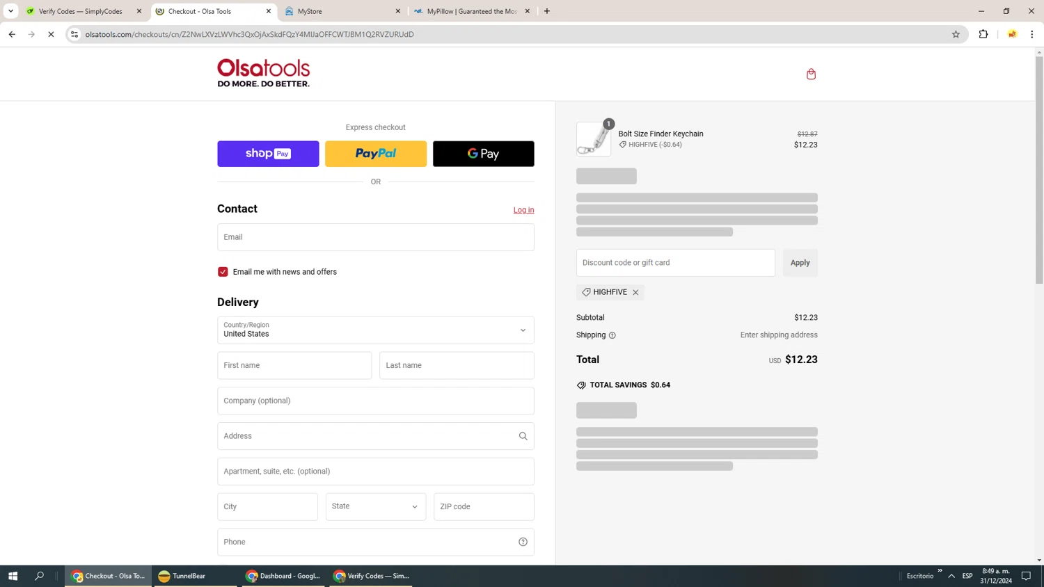 Olsa Tools discount code screenshot showing code HIGHFIVE applied at Olsa Tools checkout page. Uploaded by SimplyCodes community member Richard251 on Dec 31, 2024