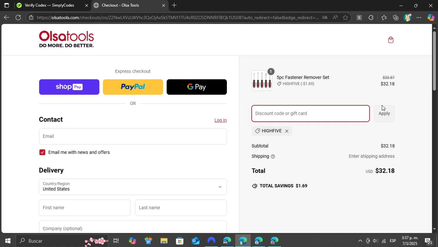 Olsa Tools discount code screenshot showing code HIGHFIVE applied at Olsa Tools checkout page. Uploaded by SimplyCodes community member arminarlet on Mar 7, 2025