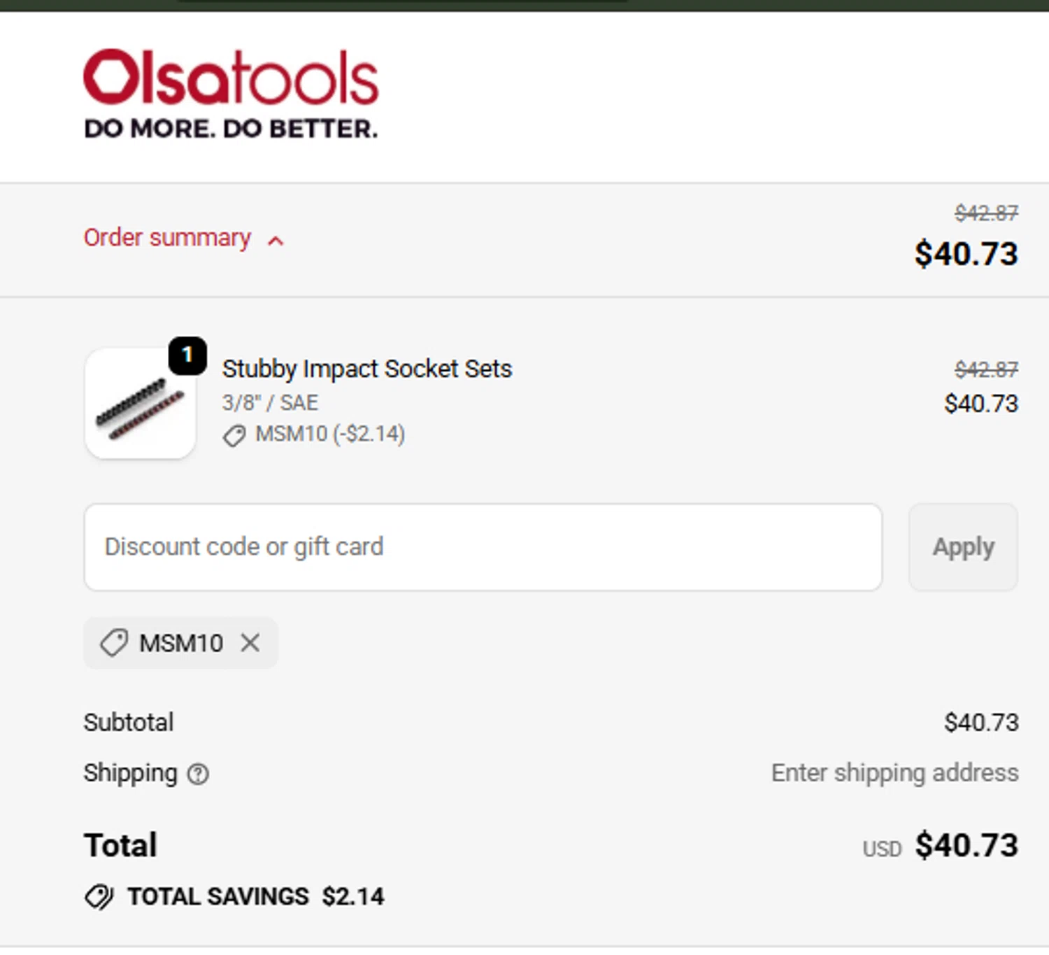 Olsa Tools discount code screenshot showing code MSM10 applied at Olsa Tools checkout page. Uploaded by SimplyCodes community member fjkdjkldsf on Oct 5, 2025