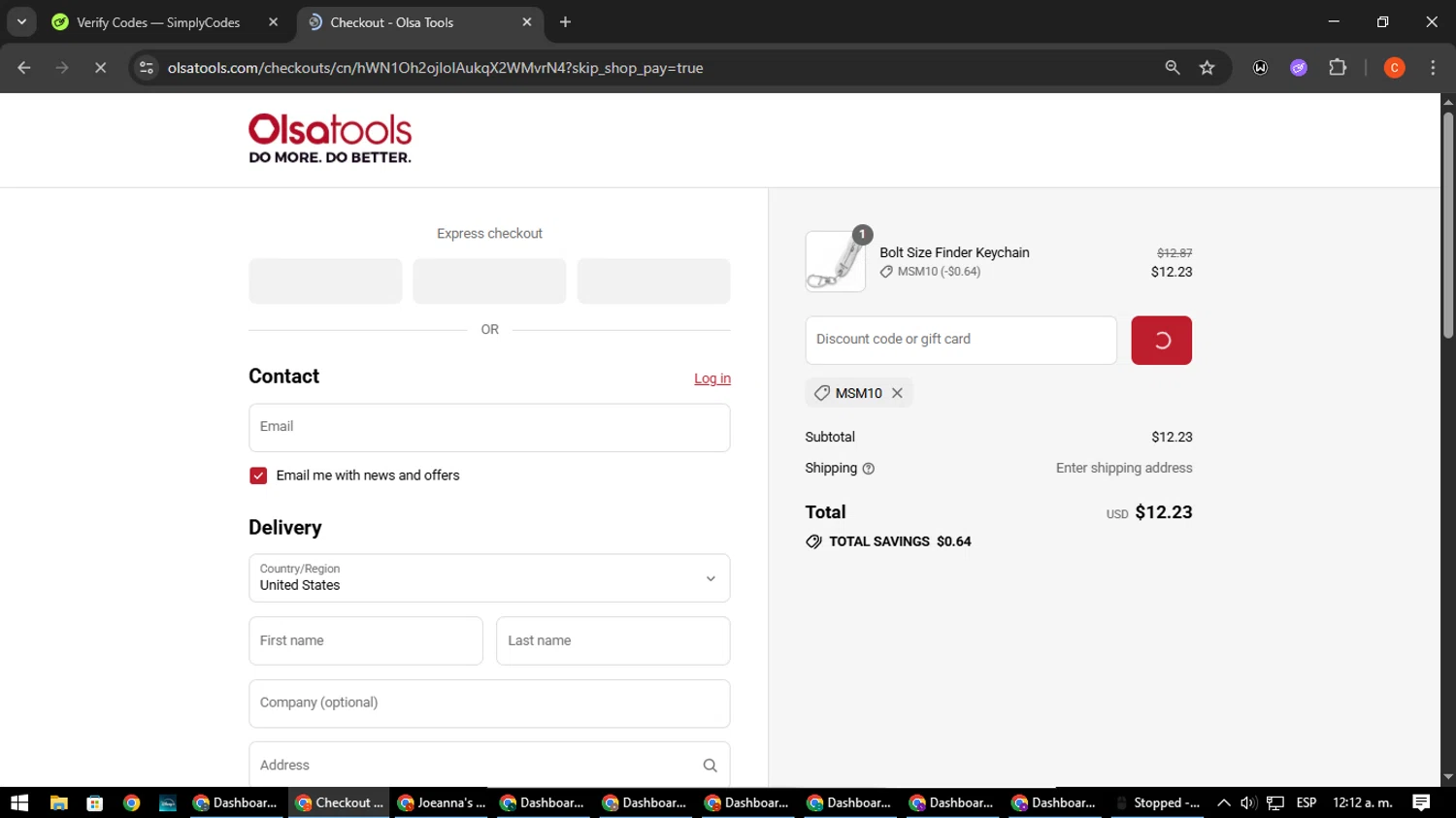 Olsa Tools discount code screenshot showing code MSM10 applied at Olsa Tools checkout page. Uploaded by SimplyCodes community member NatanaelCano on Aug 4, 2025