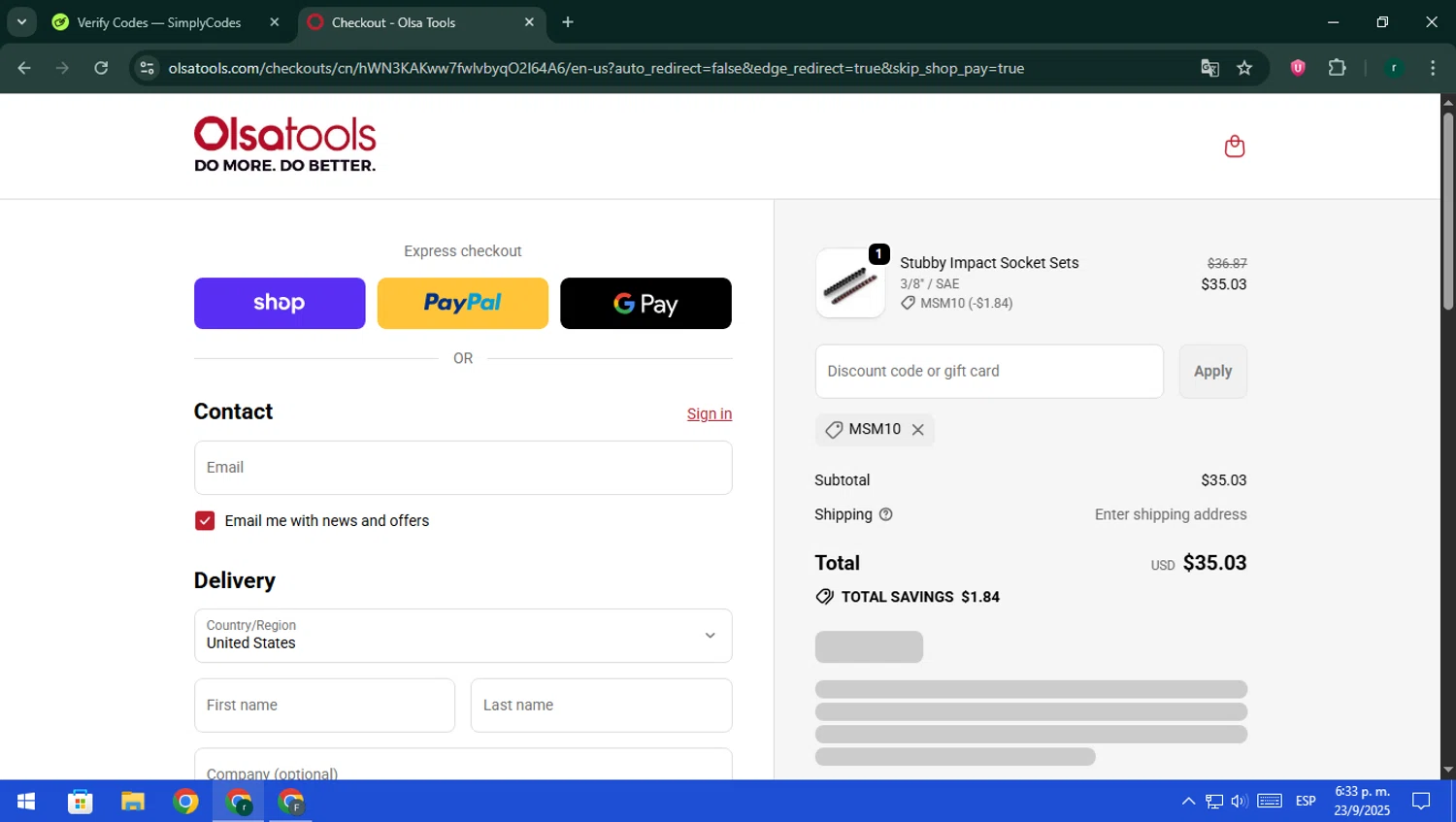 Olsa Tools discount code screenshot showing code MSM10 applied at Olsa Tools checkout page. Uploaded by SimplyCodes community member rodri1 on Sep 23, 2025