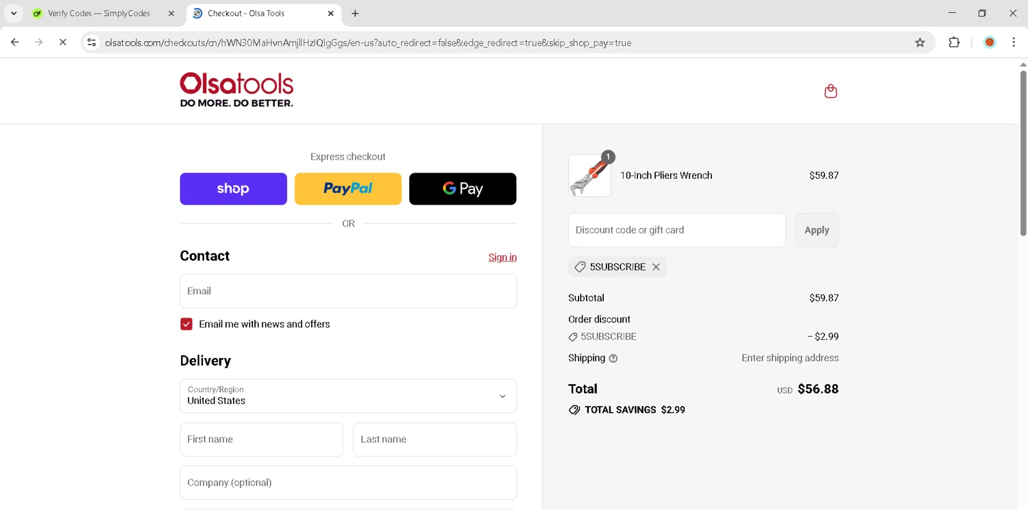 Olsa Tools discount code screenshot showing code 5SUBSCRIBE applied at Olsa Tools checkout page. Uploaded by SimplyCodes community member JosephStevens774 on Sep 15, 2025