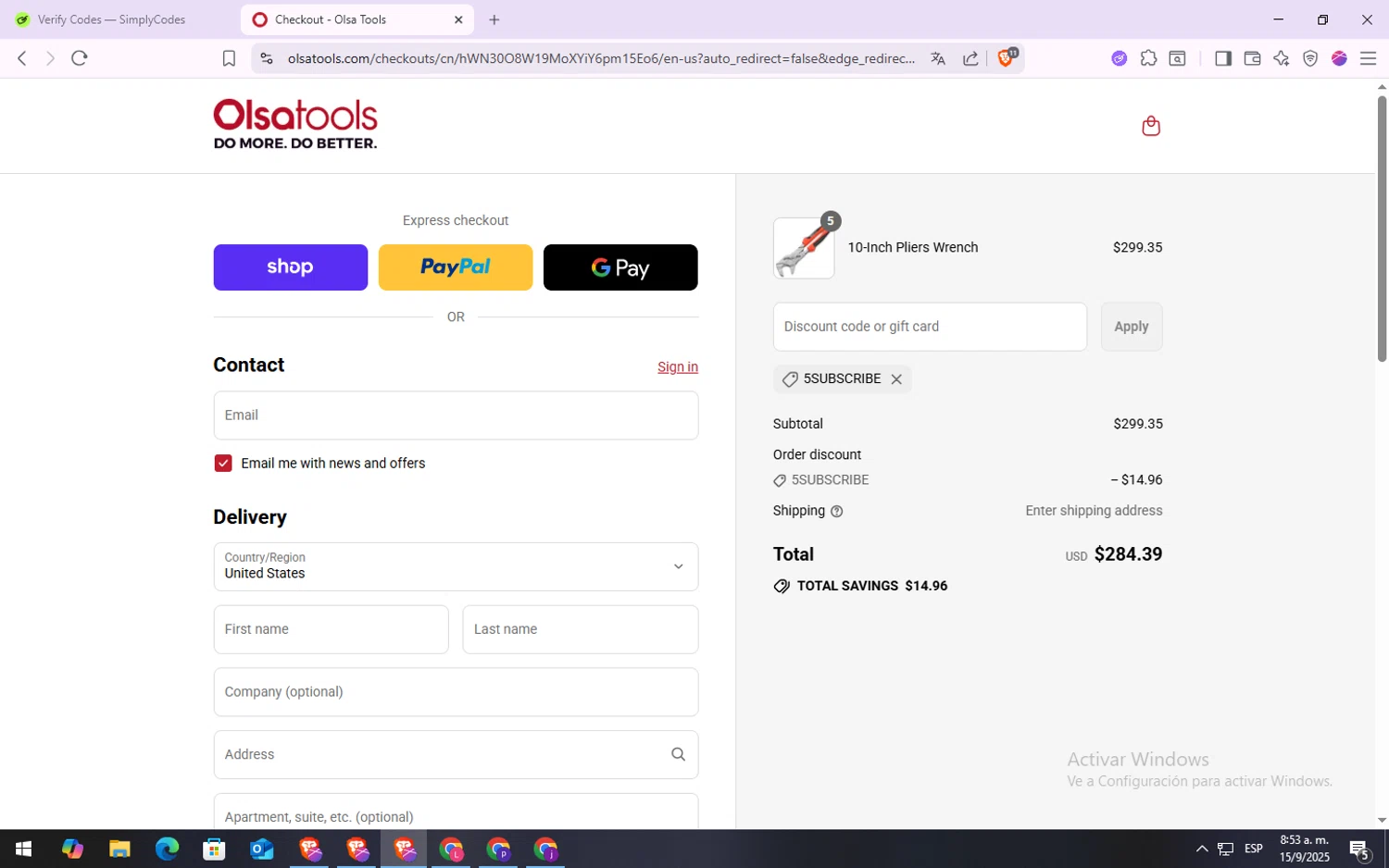 Olsa Tools discount code screenshot showing code 5SUBSCRIBE applied at Olsa Tools checkout page. Uploaded by SimplyCodes community member VoucherSpotter6910 on Sep 15, 2025