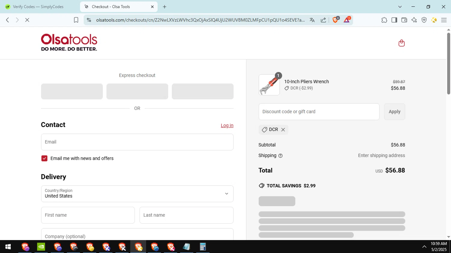 Olsa Tools discount code screenshot showing code DCR applied at Olsa Tools checkout page. Uploaded by SimplyCodes community member Ranita_de_agua on May 2, 2025