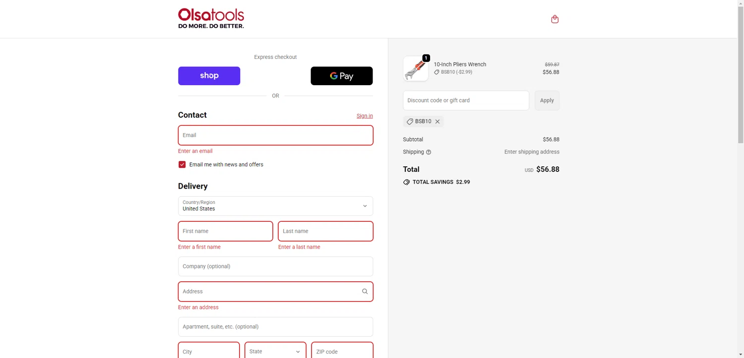 Olsa Tools discount code screenshot showing code BSB10 applied at Olsa Tools checkout page. Uploaded by SimplyCodes community member CashSentinel5495 on Sep 19, 2025
