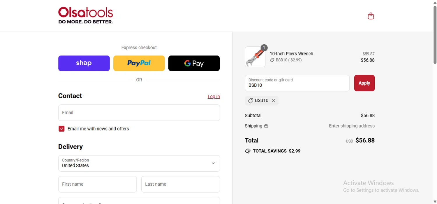 Olsa Tools discount code screenshot showing code BSB10 applied at Olsa Tools checkout page. Uploaded by SimplyCodes community member anosesmith on Sep 2, 2025