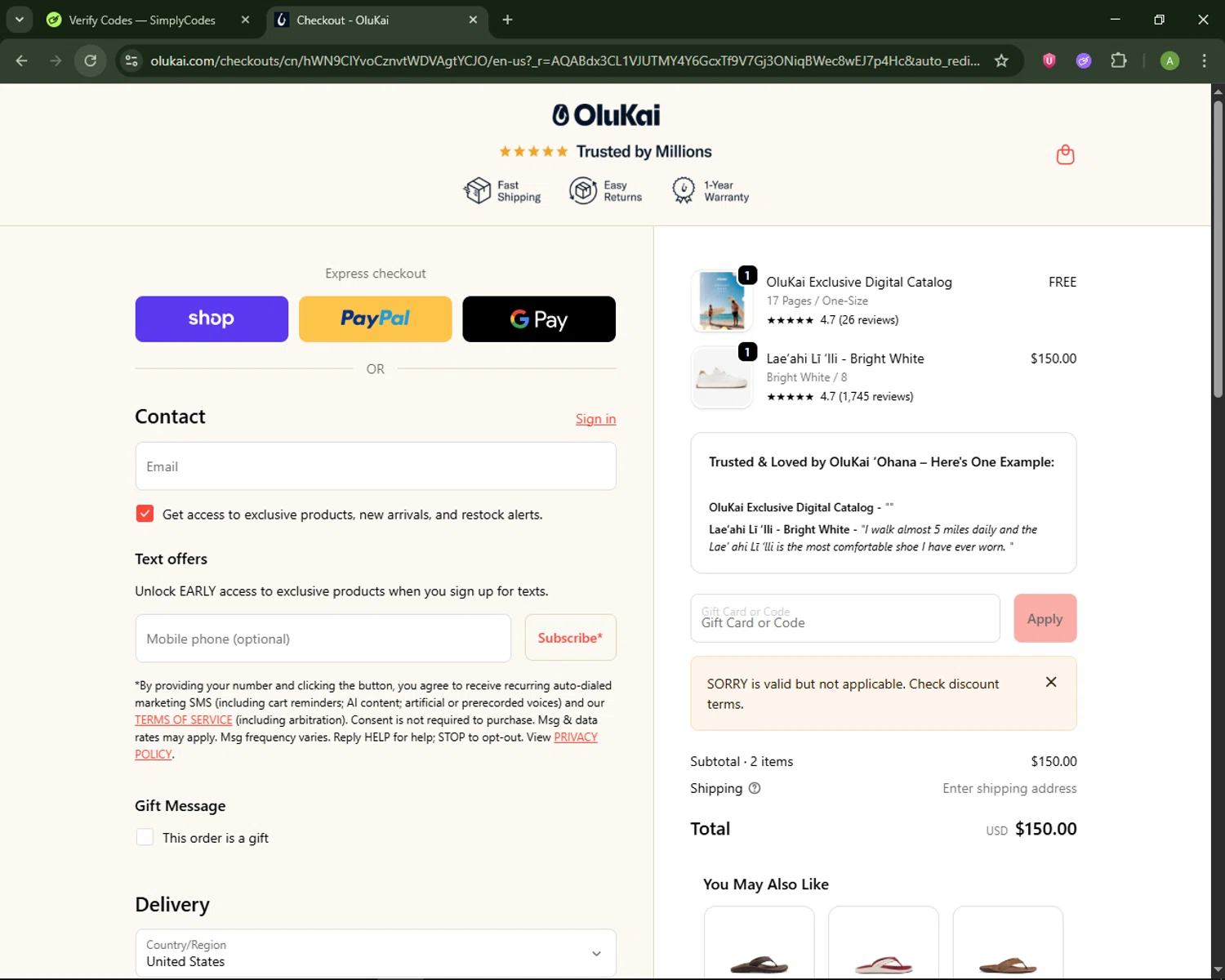 OluKai promo code screenshot showing code SORRY applied at OluKai checkout page. Uploaded by SimplyCodes community member MagnificentSaver708 on Feb 25, 2026