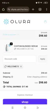 WELCOME15 coupon verification screenshot