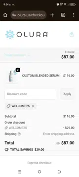 WELCOME25 coupon verification screenshot