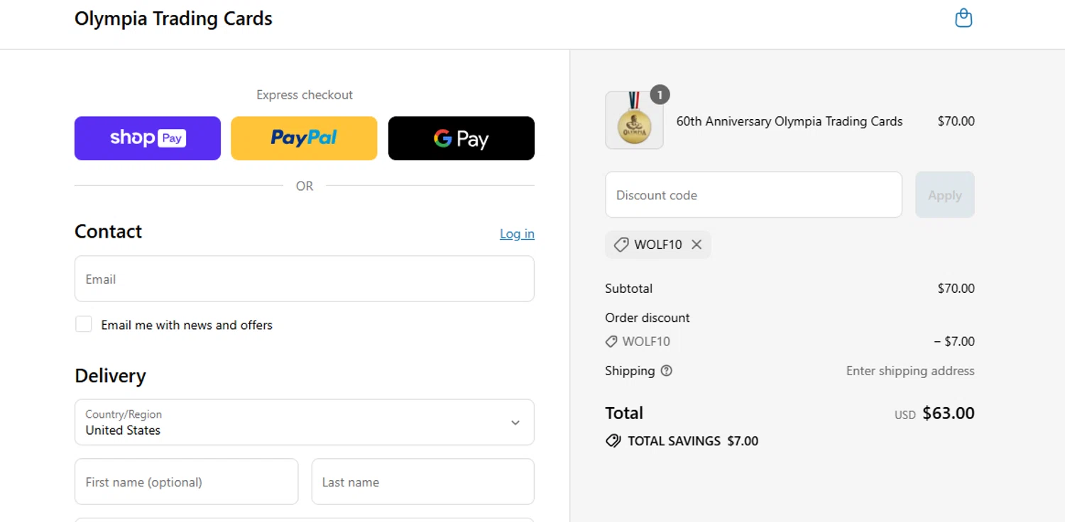 Olympia Trading Cards promo code screenshot showing code WOLF10 applied at Olympia Trading Cards checkout page. Uploaded by SimplyCodes community member BYEEEE on Jul 21, 2025