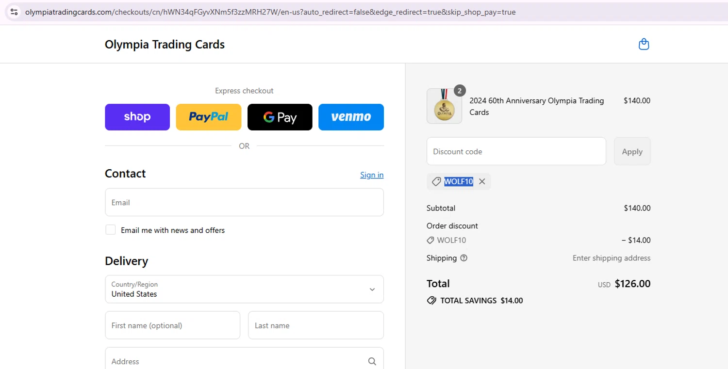 Olympia Trading Cards promo code screenshot showing code WOLF10 applied at Olympia Trading Cards checkout page. Uploaded by SimplyCodes community member Samu10 on Sep 17, 2025