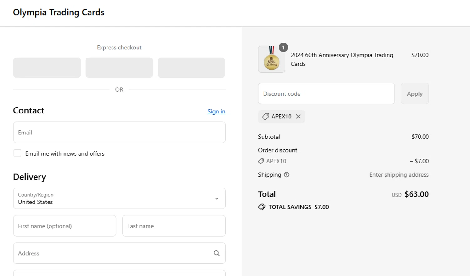 Olympia Trading Cards promo code screenshot showing code APEX10 applied at Olympia Trading Cards checkout page. Uploaded by SimplyCodes community member CouponLion324 on Sep 17, 2025