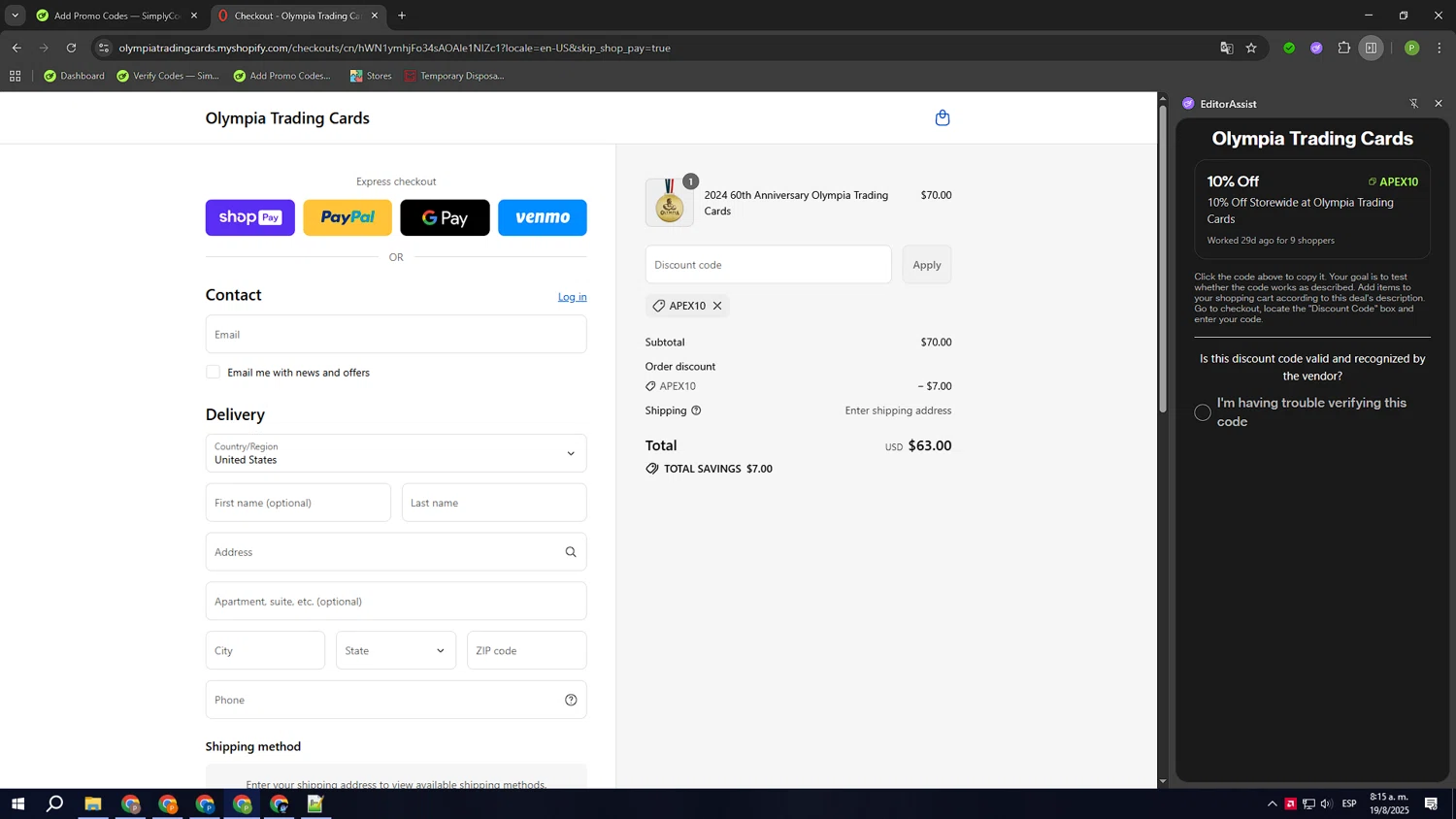 Olympia Trading Cards promo code screenshot showing code APEX10 applied at Olympia Trading Cards checkout page. Uploaded by SimplyCodes community member FortunateTiger3302 on Aug 19, 2025
