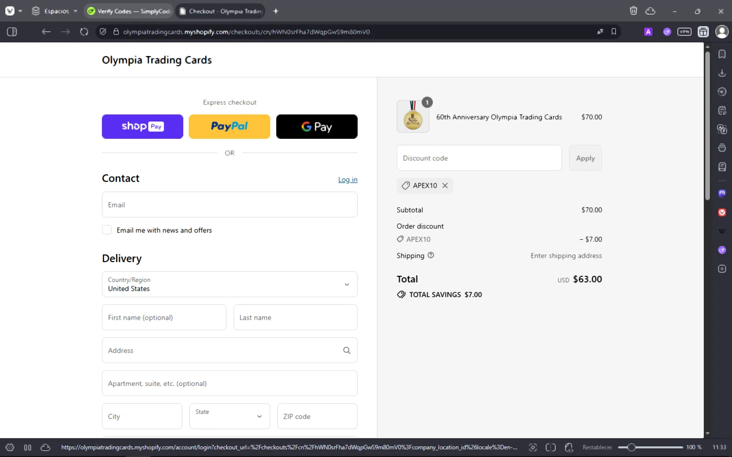 Olympia Trading Cards promo code screenshot showing code APEX10 applied at Olympia Trading Cards checkout page. Uploaded by SimplyCodes community member Matrixx on Jul 21, 2025
