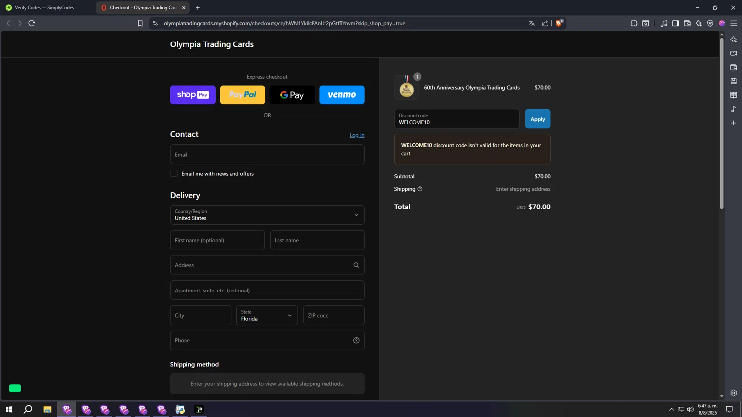 Olympia Trading Cards promo code screenshot showing code WELCOME10 applied at Olympia Trading Cards checkout page. Uploaded by SimplyCodes community member aaaaaaaaaaaaaaaaaaaaa on Aug 8, 2025