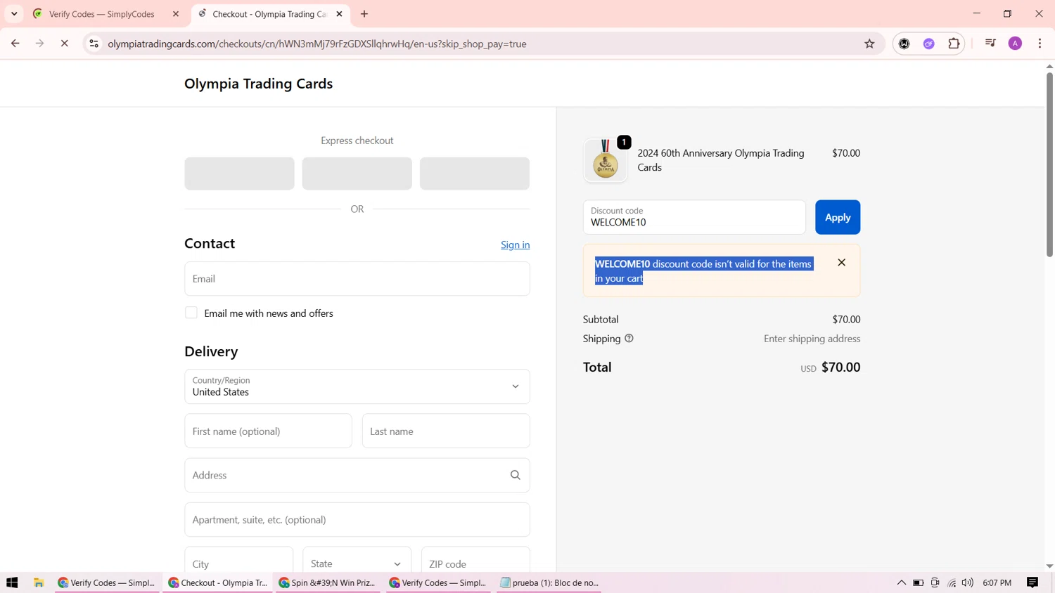 Olympia Trading Cards promo code screenshot showing code WELCOME10 applied at Olympia Trading Cards checkout page. Uploaded by SimplyCodes community member ShrewdMaverick9198 on Oct 5, 2025