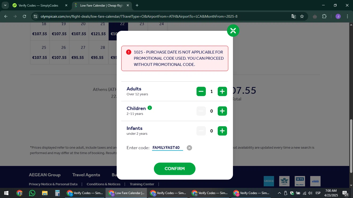 Olympic Air promo code screenshot showing code FAMILYFAST40 applied at Olympic Air checkout page. Uploaded by SimplyCodes community member sniderjack453 on Apr 23, 2025