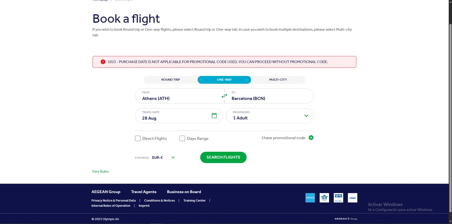 Olympic Air promo code screenshot showing code LOVEONBOARD applied at Olympic Air checkout page. Uploaded by SimplyCodes community member RamonAlexander on Aug 8, 2025