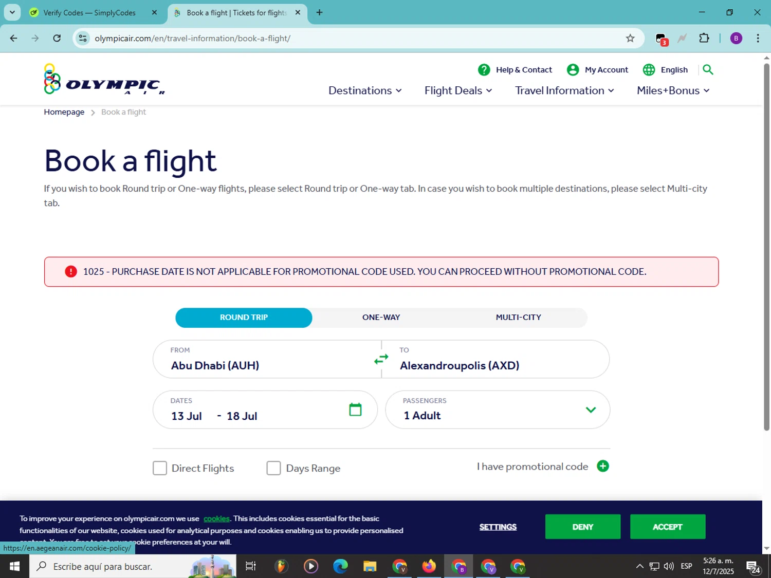 Olympic Air promo code screenshot showing code LOVEONBOARD applied at Olympic Air checkout page. Uploaded by SimplyCodes community member Soyvictor on Jul 12, 2025