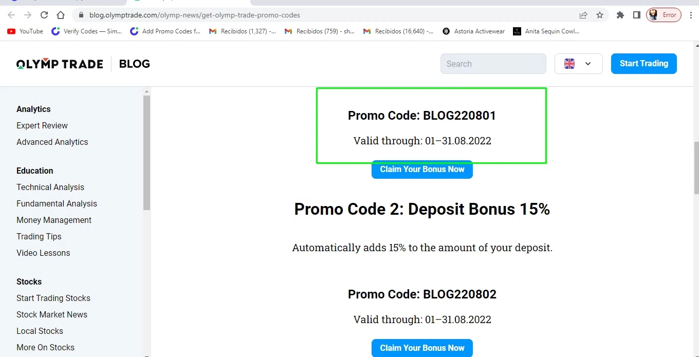 where to use OlympTrade promo code box