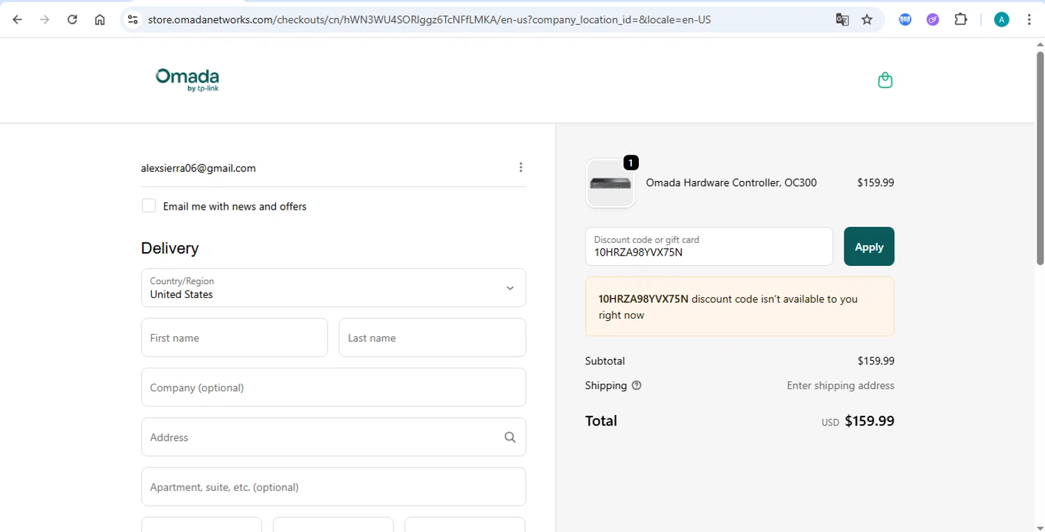Omada promo code screenshot showing code 10HRZA98YVX75N applied at Omada checkout page. Uploaded by SimplyCodes community member AlexSierra on Sep 29, 2025