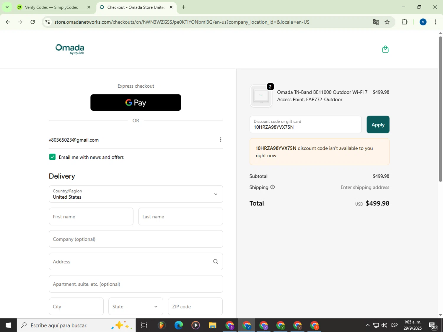 Omada promo code screenshot showing code 10HRZA98YVX75N applied at Omada checkout page. Uploaded by SimplyCodes community member Garou_Y2K on Sep 29, 2025