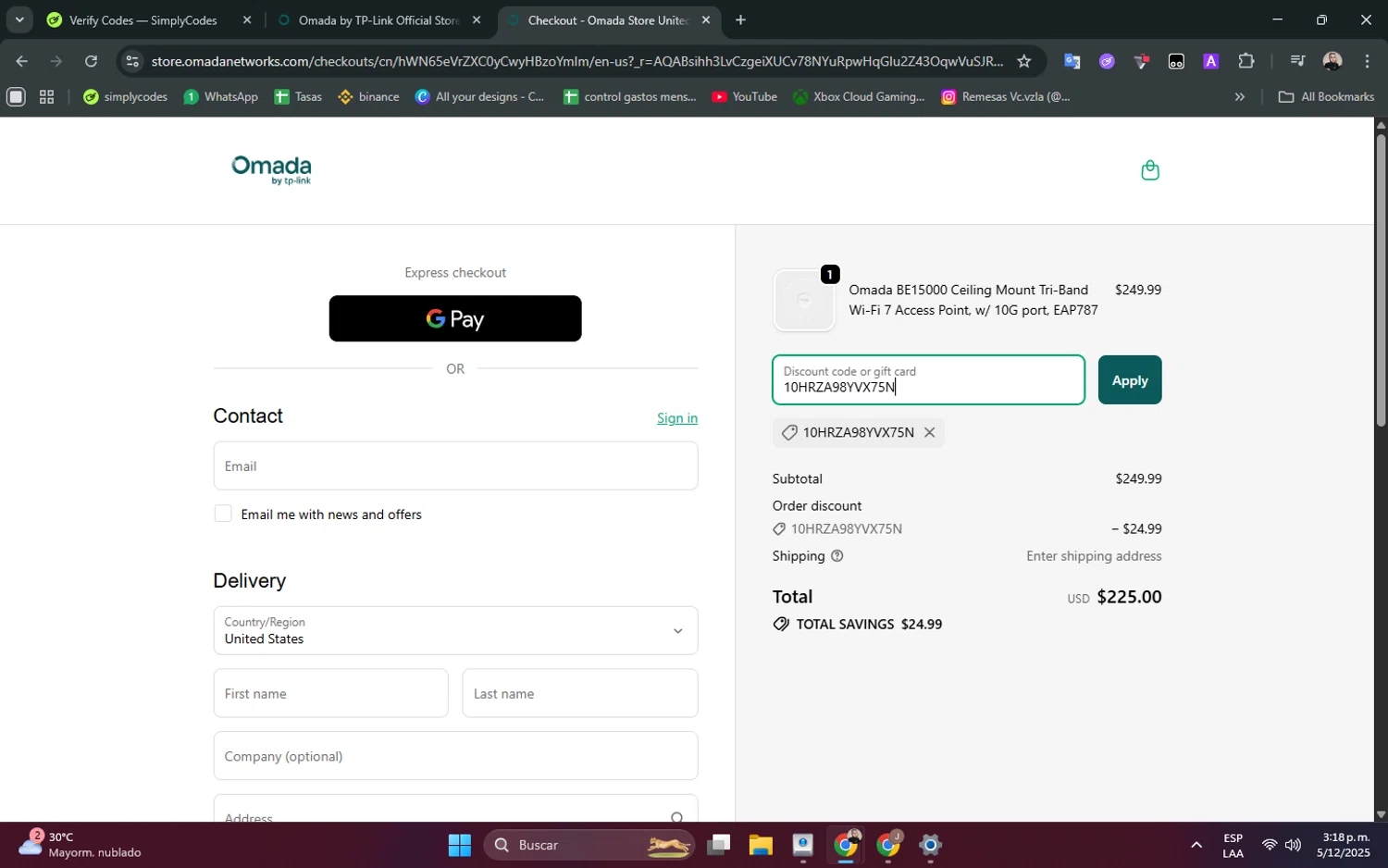 Omada promo code screenshot showing code 10HRZA98YVX75N applied at Omada checkout page. Uploaded by SimplyCodes community member ScanPhoenix352 on Dec 5, 2025